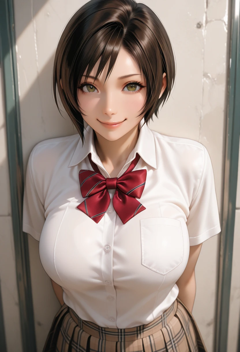 (8k, RAW photo, best quality, masterpiece:1.2), (realistic, photo-realistic:1.37), ultra-detailed, 1 girl,cute, solo,beautiful detailed sky,detailed cafe,night,sitting,dating,(nose blush),(smile:1.1),(closed mouth),large breasts, seductive smile, large aparture, professional lighting, Sony A7R4, Zessie 50mm F1.8, medium breasts,beautiful detailed eyes,(collared shirt:1.1), bowtie,pleated skirt,(short hair:1.2),floating hair