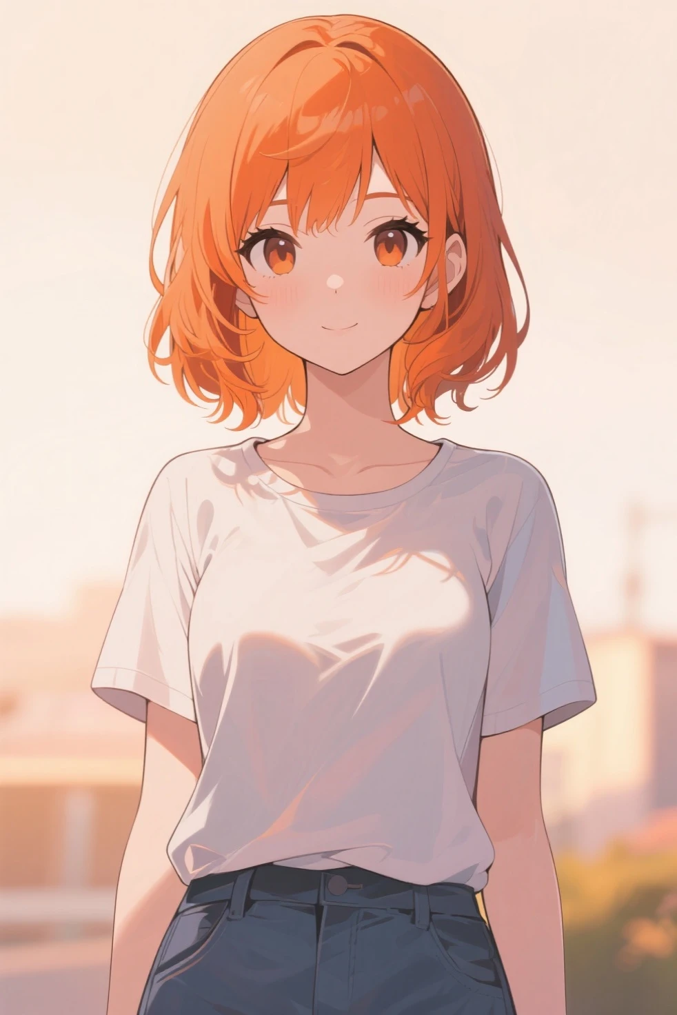 looking back,Upper Body, Realistic, real person, (pale skin: 1.2), RAW photo, photorealistic, shiny skin, shiny hair、(A 25-year-old woman with a bob cut and bangs) and (orange hair) and (Orange Eyes) , Wearing a white V-neck T-shirt 、 smile, The background is the living room、Alone、spread arms