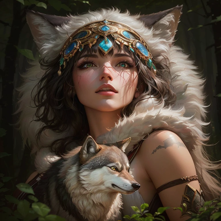 Shepherdess girl, with a resolute expression etched on her delicate facial features, displaying an air of determination. Her petite, oriental characteristics contrast against the vast, open landscape. In the background, a wolf is depicted with its thick, clear fur showcasing the fantastical colors of a medieval-style illustration. The wolf's intricately detailed features, from its sharp claws to the curved lines of its snarling muzzle, add depth and distinction to the cover art. The intricate details of the shepherdess's traditional garb are also evident, as they blend seamlessly into the enchanting setting. The medieval-inspired design, adorned with