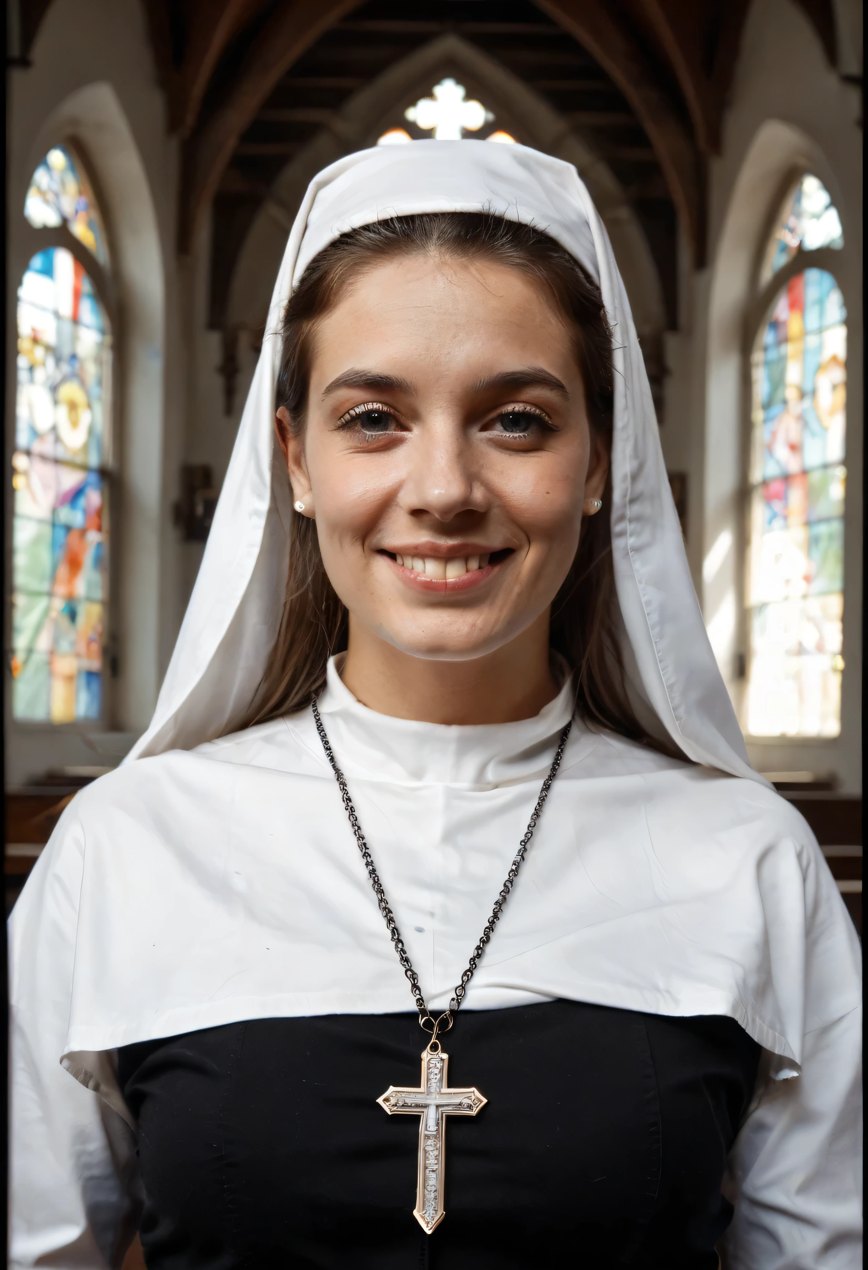 Masterpiece, photorealistic.
An old Polaroid Photo, Photo Borders, framed, very old Polaroid Photo with cracks,
A graceful Nun, (((medium shot:2,0))), (((cowboy shot))), (((fullbody portrait))), Style from the Fifties, faded vintage Color Scheme, in a Catholic Church, traditional Nun's habit, wearing a traditional Nun's Hair veil, subtle smile to the side downwards, Stained Glass, teardrop Breasts, authentic Human Skin Texture, wearing a cross pendant.
Style of Albrecht Dürer, Style of Élisabeth Vigée-Lebrun.