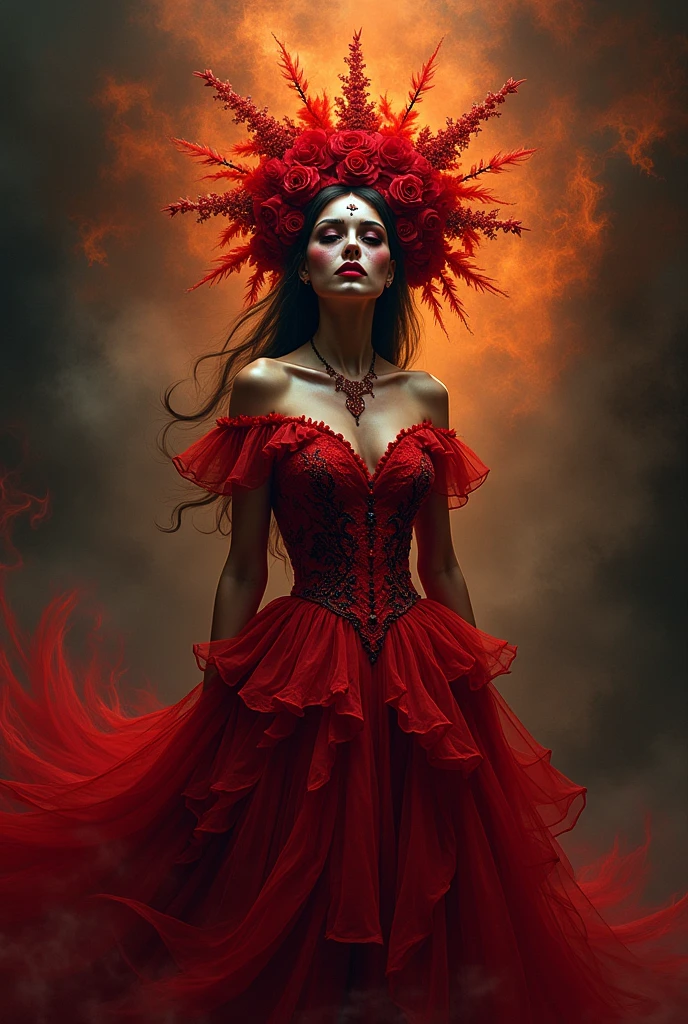 In a shocking contrast of elegance and turmoil, a Renaissance-style fragmented gothic woman of an abstract form is depicted in purgatory slowly dissolving into red dark jelly + ominous spectral dark matter. This captivating image portrays contortion in pain as the materials shift and blend. The high-quality photograph showcases the intricate details of the sculpture, from the delicate curves of her face to the flowing lines of her gown. The vibrant colors and striking imagery evoke a sense of deep emotion and artistic skill, drawing viewers into the gripping narrative of suffering and transformation. A harrowing Unsettling image (hyper realistic) (insanly detailed) (hyper stylized) (Macabre)