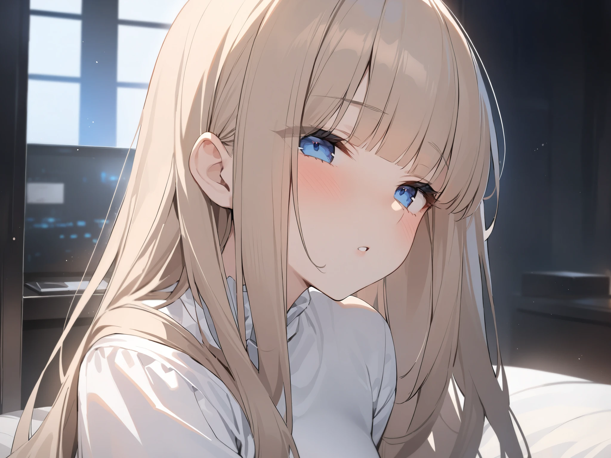 heavy blunt bangs 、chest length hair、whitish ash brown colored hair、blue dark eyes 、princess cut、dark room、Men and women are kissing、masterpiece、Highest Quality、uncensored