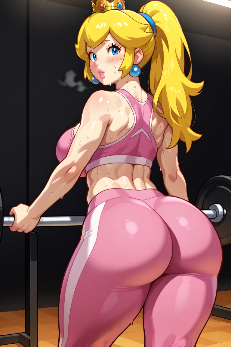 Dragon ball, android 18, 1girl, (((bimbo))), puffy lips, painted lips, thick lips, wide hips, thick thighs, big breast, huge ass, revealing cleavage, erotic, Smile face, bubble butt, camel toe, Breasts, in the gym, lifting weights, white top, too short pink hot pants exposing ass, walking, looking back, fat ass size