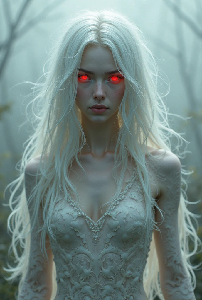 Create an image of a banshee. The banshee should appear as a gaunt, wailing woman with long white hair and red eyes. Her expression is one of sorrow and despair. The background is a misty, dark forest.