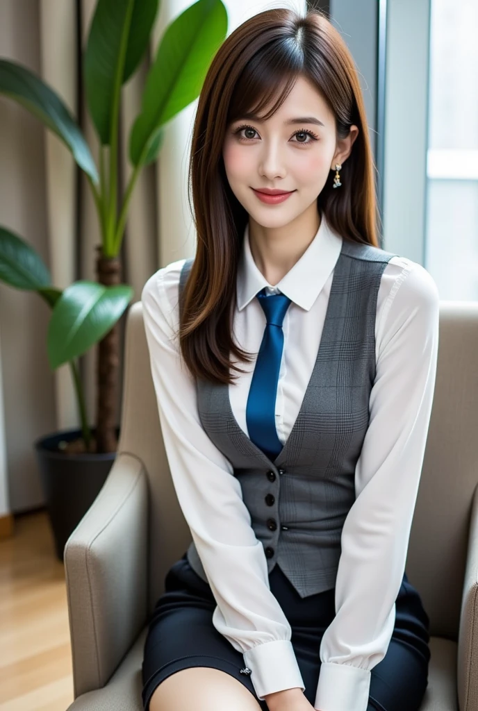 Highest quality、masterpiece、8k、Very detailed、Realistic、(One girl)、(Looking at me with a smile:1.5)、whole body、Black Hair、Small face、(Slender:1.2)、(Big Breasts:1.2)、(White business shirt with buttons and a collar:1.2)、(short tight skirt in gray,:1.2)、(Grey business jacket:1.2)、Braid