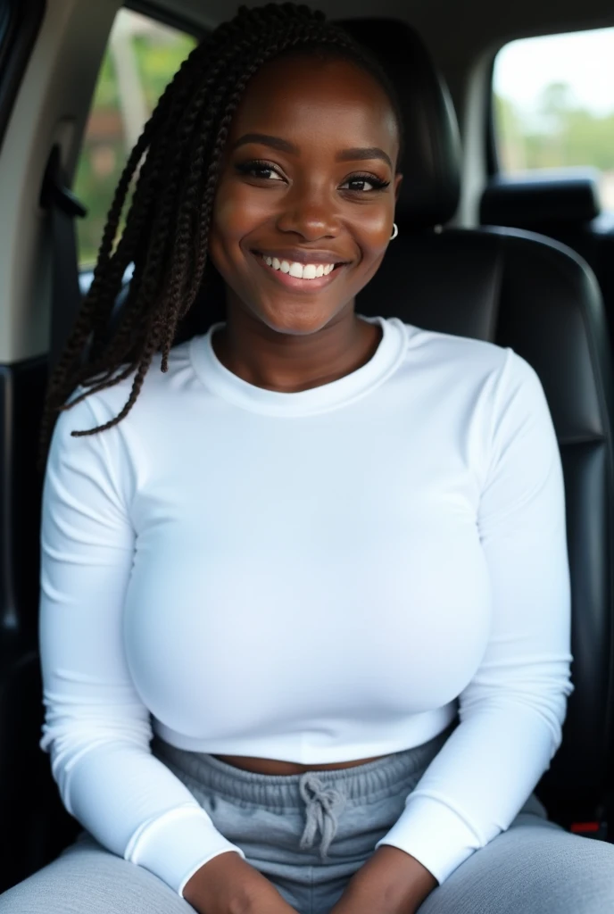 A beautiful woman from Ghana, sehr schlank, mit langen Haaren, big breasts, smiling, auf einem Traktor mut T-Shirt und jens