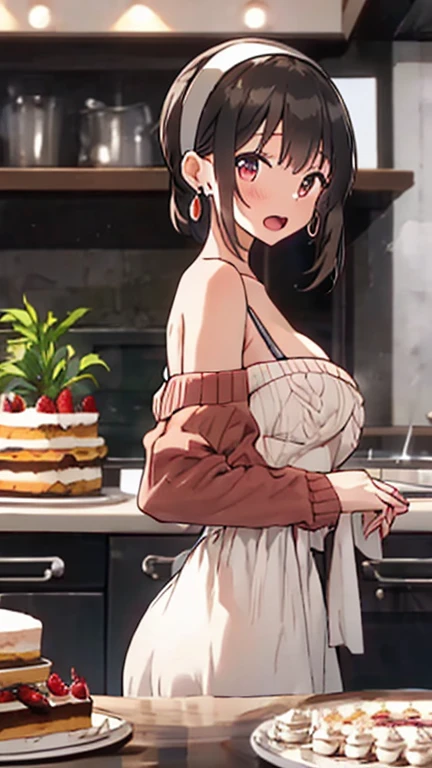 (Dynamic Angle:1.3, Front view:1.1, breast focus:1.3, From above:1.1), (Dynamic pose:1.2, Sexy pose:1.2, Leaning forward), (Captivating smile:1.3), ((Look at the cake, Have a cake,Remove the cake from the oven, Worrying about the outcome:1.2)),highest quality、(Genuine、photoGenuineistic:1.4),(Ultra-high resolution, 8K Raw Photos, Clear focus), highest quality, Natural light, Depth of written boundary, (Bright Eyes, Beautiful eyes in every detail, A face with attention to detail), Red lips, (Tight Focus:1.2), 22-year-old girl, Wearing a pastry chef's uniform , thick, Thin chest, long hair, blue eyes,off-shoulder dress, sweater dress, Off-the-shoulder sweater dress, Red sweater,Garter Stockings, Cleavage:1.2, abdomen, black shorts, black thighhighs, Thigh straps, cute girl, (Very exquisite beautiful face and eyes,Firm breasts),Genuine skin,((black,hair,long pony tail hair)),thin pubic hair,cute,Lovely, Fine grain,(Double-breasted:1.0,Underbust:1.0),(With sparkling eyes and a contagious smile),Open your mouth, View Viewer,Cooking scene in the kitchen