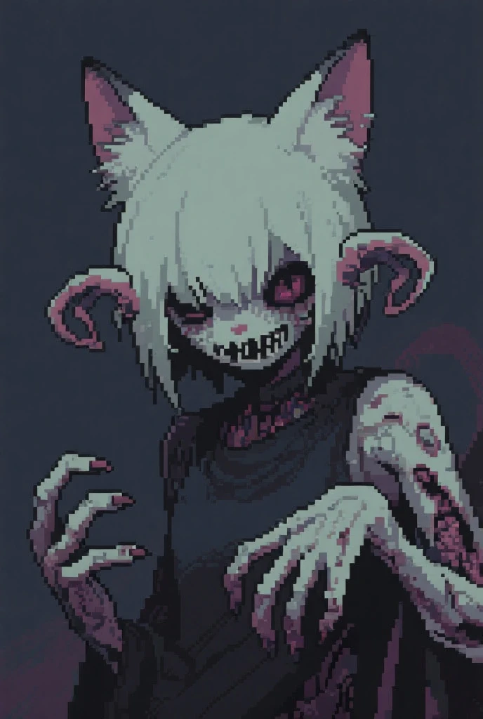  1 girl monster mushroom /(creepy ) long white hair with black tips,on the head there is a black mushroom cap from which some kind of black mucus drips, eye color white,big eyes,in a quiet dark forest,from below,pale skin,Extreme black skin,glossy body, Ribs are visible from the chest, (/black clothes like a 19th century witch costume\),background\(Dark, foggy pine forest)