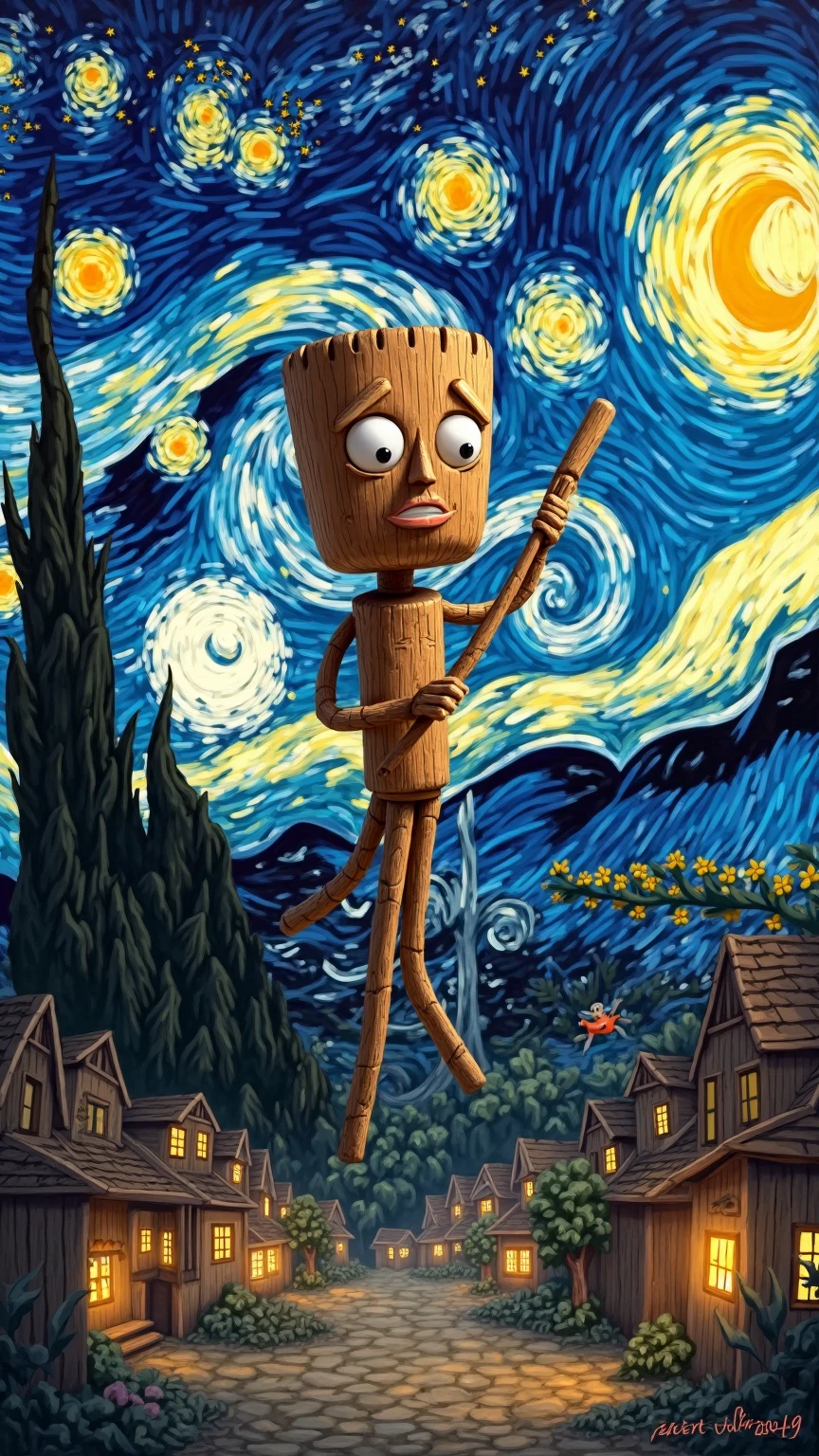 Create an image of Tung Tung Sahur, an anthropomorphic wooden stick with large eyes and serious expression, holding a baseball bat, integrated with the painting "Starry Night" de Van Gogh. Tung Tung is at the center of the composition, floating on the moonlit village, with the revolving sky of bright stars surrounding it. Its wooden body reflects the vibrant shades of blue and yellow of the sky, while he rhythmically beats his taco, emitting visible sound waves in the shape of an "Tung tung tung" mixed with the stars. The village below, with their houses and cypress trees, seems to wake up with the sound, and small lights  in the windows, symbolizing the call to Sahur. Tung Tung has details carved into its body that echo the spiral patterns of the painting, connecting him to the Van Gogh style.  The lighting is dramatic , with lights warm windows contrasting with the cold blue of the sky, and the background keeps the impressionist style, with visible brushstrokes and a slight bokeh effect to highlight Tung Tung as a focal point.