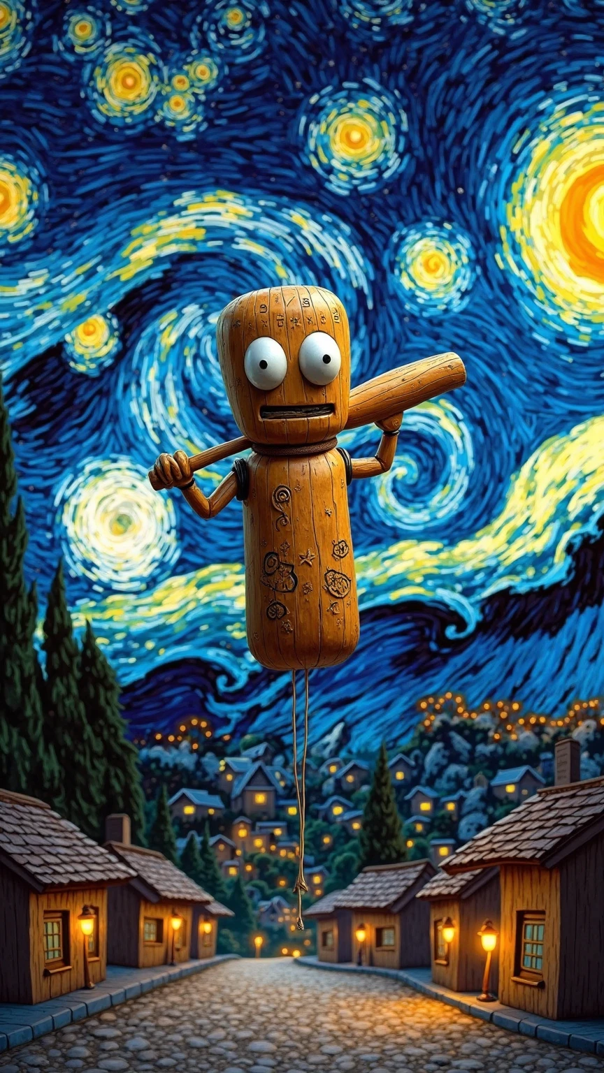 Create an image of Tung Tung Sahur, an anthropomorphic wooden stick with large eyes and serious expression, holding a baseball bat, integrated with the painting "Starry Night" de Van Gogh. Tung Tung is at the center of the composition, floating on the moonlit village, with the revolving sky of bright stars surrounding it. Its wooden body reflects the vibrant shades of blue and yellow of the sky, while he rhythmically beats his taco, emitting visible sound waves in the shape of an "Tung tung tung" mixed with the stars. The village below, with their houses and cypress trees, seems to wake up with the sound, and small lights  in the windows, symbolizing the call to Sahur. Tung Tung has details carved into its body that echo the spiral patterns of the painting, connecting him to the Van Gogh style.  The lighting is dramatic , with lights warm windows contrasting with the cold blue of the sky, and the background keeps the impressionist style, with visible brushstrokes and a slight bokeh effect to highlight Tung Tung as a focal point.