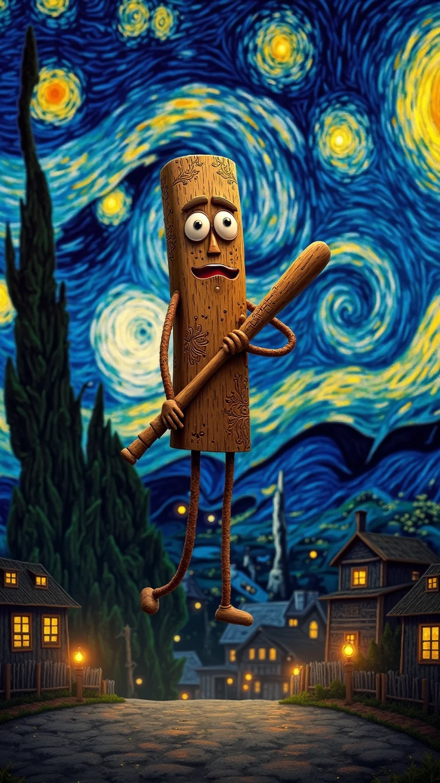 Create an image of Tung Tung Sahur, an anthropomorphic wooden stick with large eyes and serious expression, holding a baseball bat, integrated with the painting "Starry Night" de Van Gogh. Tung Tung is at the center of the composition, floating on the moonlit village, with the revolving sky of bright stars surrounding it. Its wooden body reflects the vibrant shades of blue and yellow of the sky, while he rhythmically beats his taco, emitting visible sound waves in the shape of an "Tung tung tung" mixed with the stars. The village below, with their houses and cypress trees, seems to wake up with the sound, and small lights  in the windows, symbolizing the call to Sahur. Tung Tung has details carved into its body that echo the spiral patterns of the painting, connecting him to the Van Gogh style.  The lighting is dramatic , with lights warm windows contrasting with the cold blue of the sky, and the background keeps the impressionist style, with visible brushstrokes and a slight bokeh effect to highlight Tung Tung as a focal point.