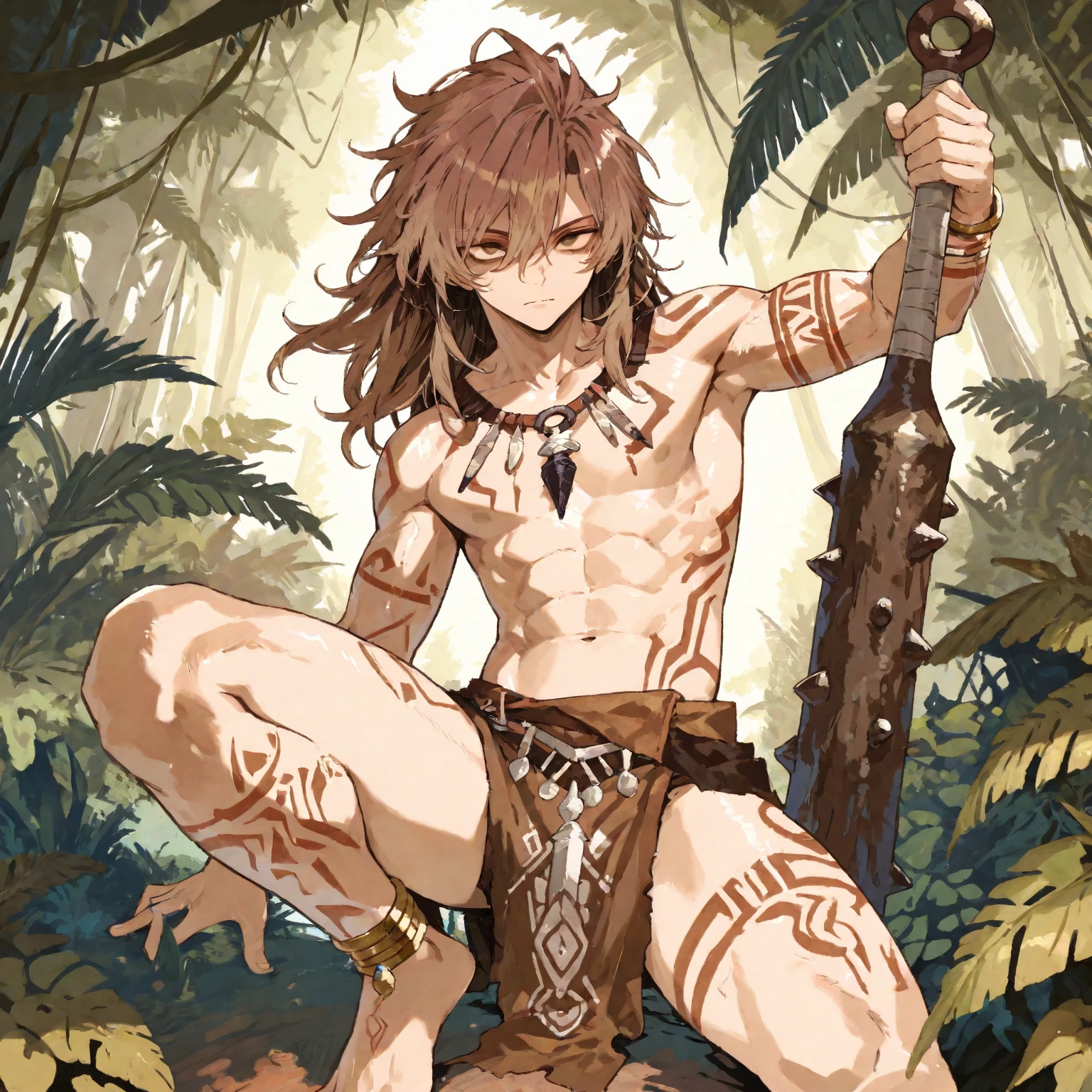 Art in colorful style Alex Horley, Man of short stature, slender and athletic, agile, full body, slightly pointed ears, dark brown skin, reddish-yellow gradient red hair like flames, wearing rustic wild skin adorned with teeth and feathers, hidden in the forest between foliage and branches, Amazon rainforest scene, ultra HD images.
