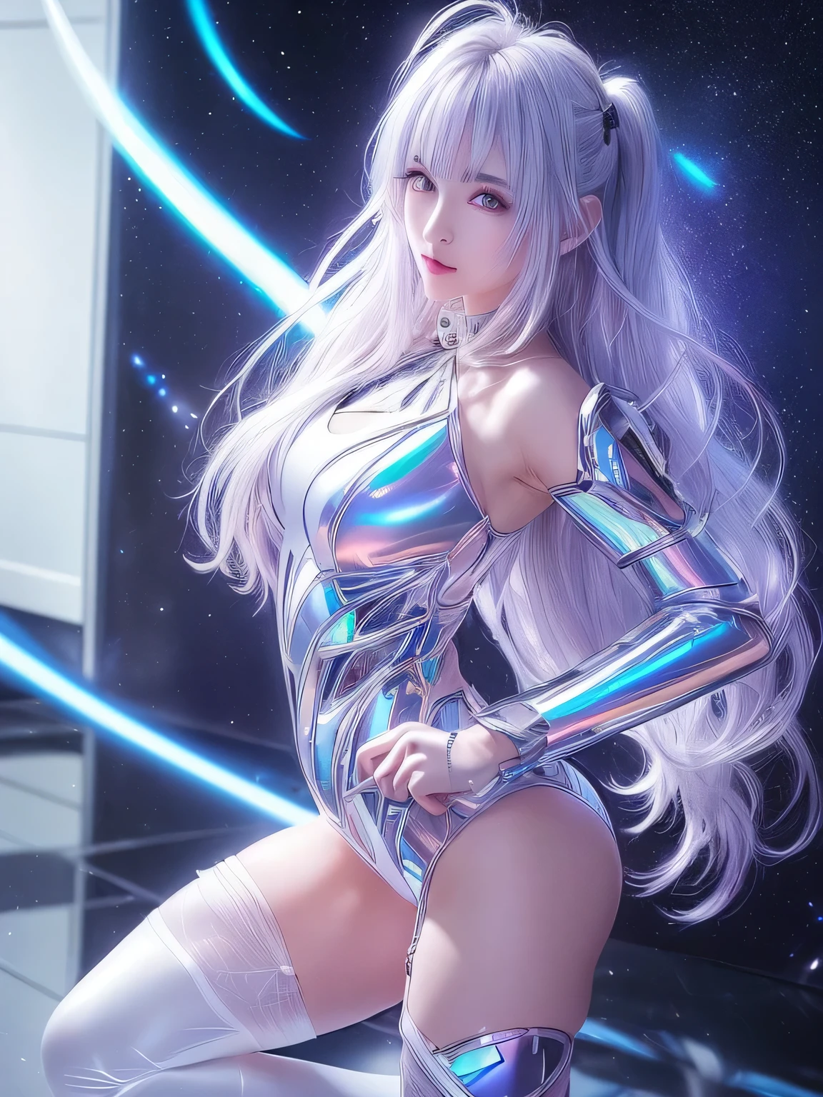 (masterpiece:1.4),absurdres, highres, ultra detailed, (1girl:1.3), (disheveled hair,beautiful detailed eyes,shiny oily skin:1.1), floating in the cosmos, many stars, numerous spacecraft moving around giant stars, the sun, and the moon spacecraft astronaut