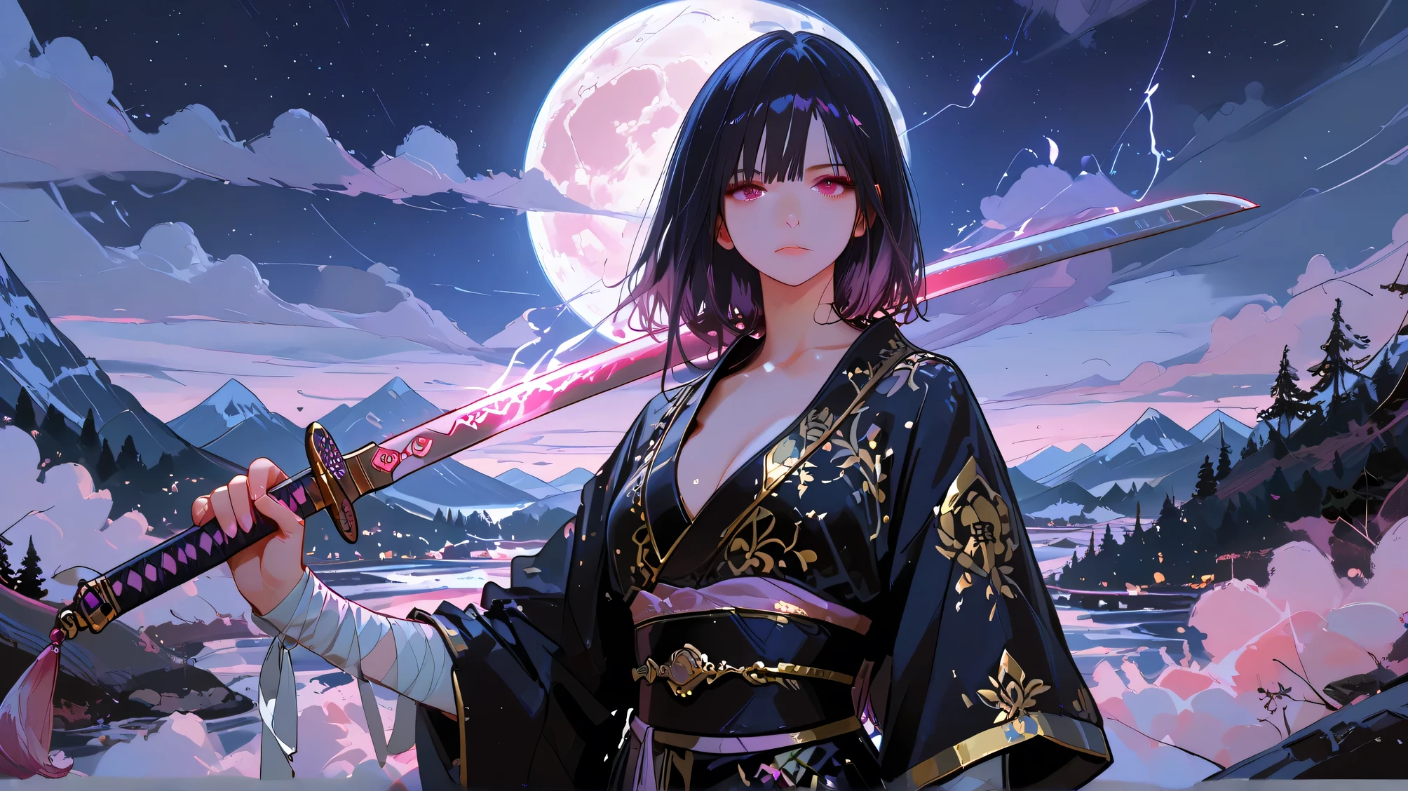 Masterpiece, Best Quality, Top Quality, Very Detailed, 1 girl, score_9, score_8_up, score_7_up, A young Asian woman with dark hair and striking reddish-pink eyes, rendered in a stylized anime/manga art style. She has a calm, serene expression, holding a large sword diagonally across the frame. Her outfit is a dark teal/black kimono with ornate gold trim, layered with white bandages wrapped around her arms. Slender yet poised, she stands under a night sky dominated by a glowing full moon in the upper right. The background features stylized trees and scattered clouds, with a dark blue color palette enhancing the mystical atmosphere. The perspective is slightly elevated, adding a sense of awe and majesty. Vibrant yet cool-toned colors, strong outlines, and detailed character design create a balanced composition—centered yet dynamic, with the sword and her extended arms guiding the viewer’s eye. The overall aesthetic is cinematic anime, blending fantasy and quiet intensity.