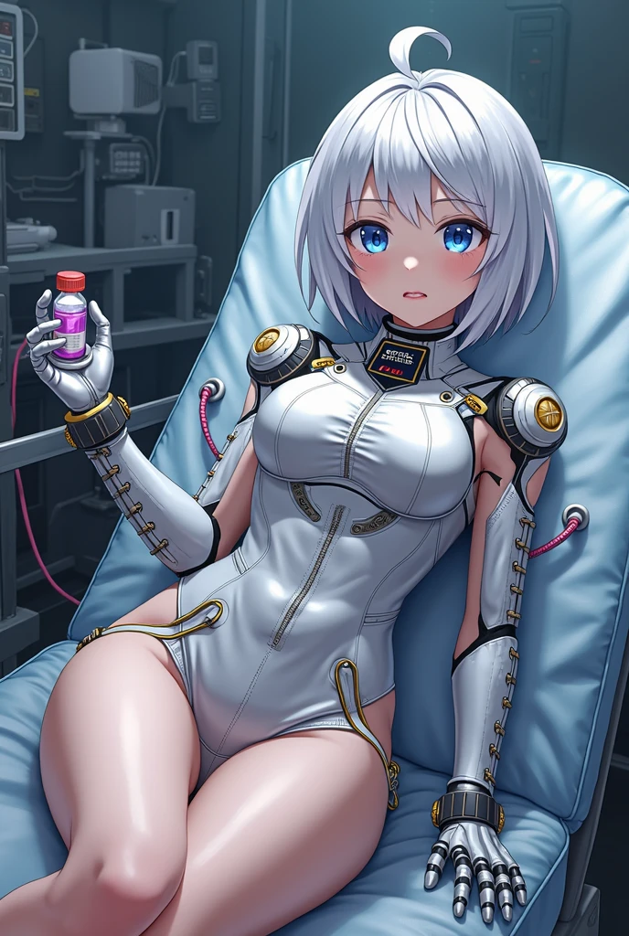 ((1 cyborg woman)),((big breasts, naked breasts, naked pussy, completely naked, blue piercing on the clitoris)),((standing, futuristic room)),((serious guy with a black eye, belted a polco in pain, sweating cold)),((bare breasts, with lots of bubian hair, wearing a scientist's coat)),((short gray hair with Elastic, bright yellow eyes)),((facing the viewer)) ,((lying on a table with her legs open, placing a syringe with a yellow liquid in her pussy, syringe in her pussy, liquid coming out of her pussy))