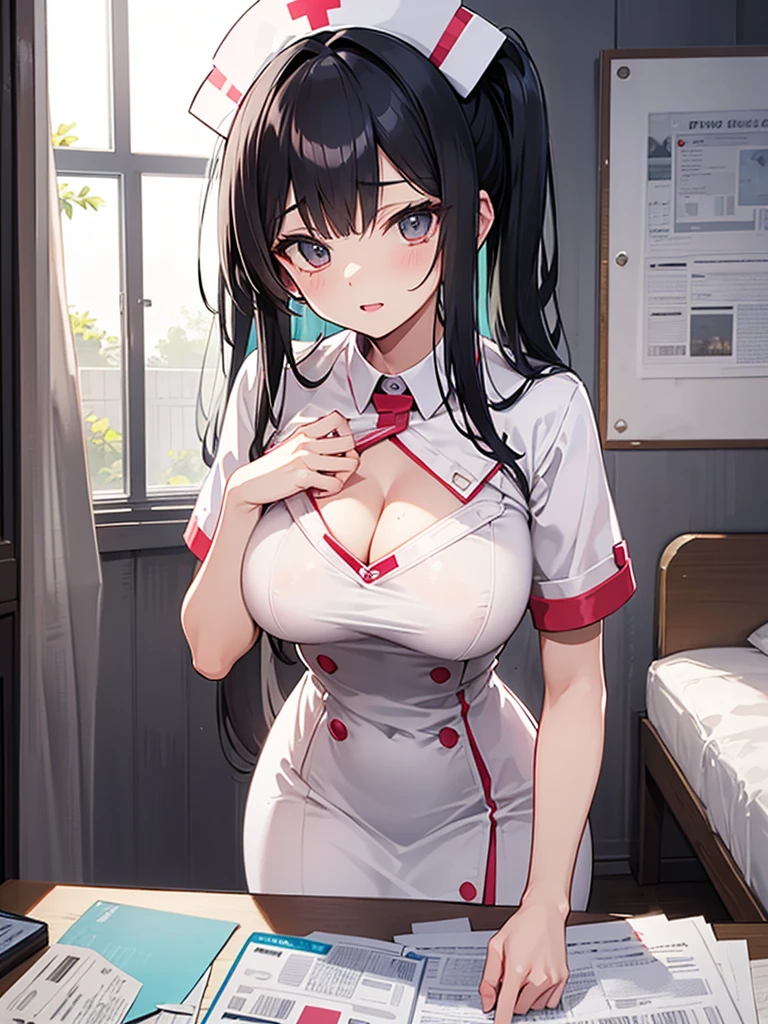 1girl, mature women,perfect ,black hair, long hair, (hair over one eye:1.4), messy hair, hair between eyes,plump ,saggy breast, flower motif pajama, cute shy blush on , bedroom
