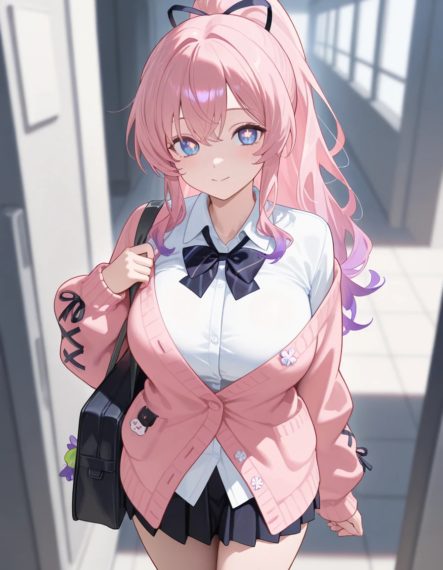 Anime girl with pink hair and blue eyes wearing a pink sweater, anime moe art style, Misato Katsuragi, seductive anime girl, marin kitagawa fanart, Smooth anime CG art, pink twintail hair and cyan eyes, naughty anime style, realistic anime artstyle, hyperrealistic , realistic , Doki Doki Literature Club