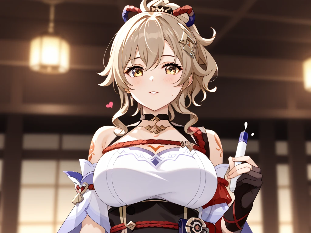 masterpiece、highest quality、1girl , solo , huge breasts、deep cleavage、light gold hair、ponytail、brightly colored eyes、blue eyes、black glasses、japanese green kimono、hakama、flashy necklace、charm、Wet、face turns red, very sweaty, dynamic pose、standing、Headphones worn around the neck、flashy hair ornament、shrine