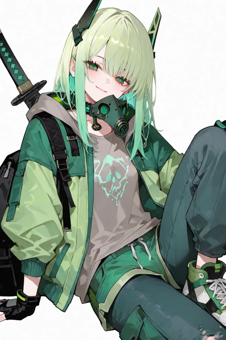 tmasterpiece，Best picture quality，Graffiti girl（scribbles: 2），paint splatter，against a wall，Tilt your head and smile，whaite hair，Green eyes，Earphone，（Green and black tones：3），Functional trench coat，Trendy outfits。