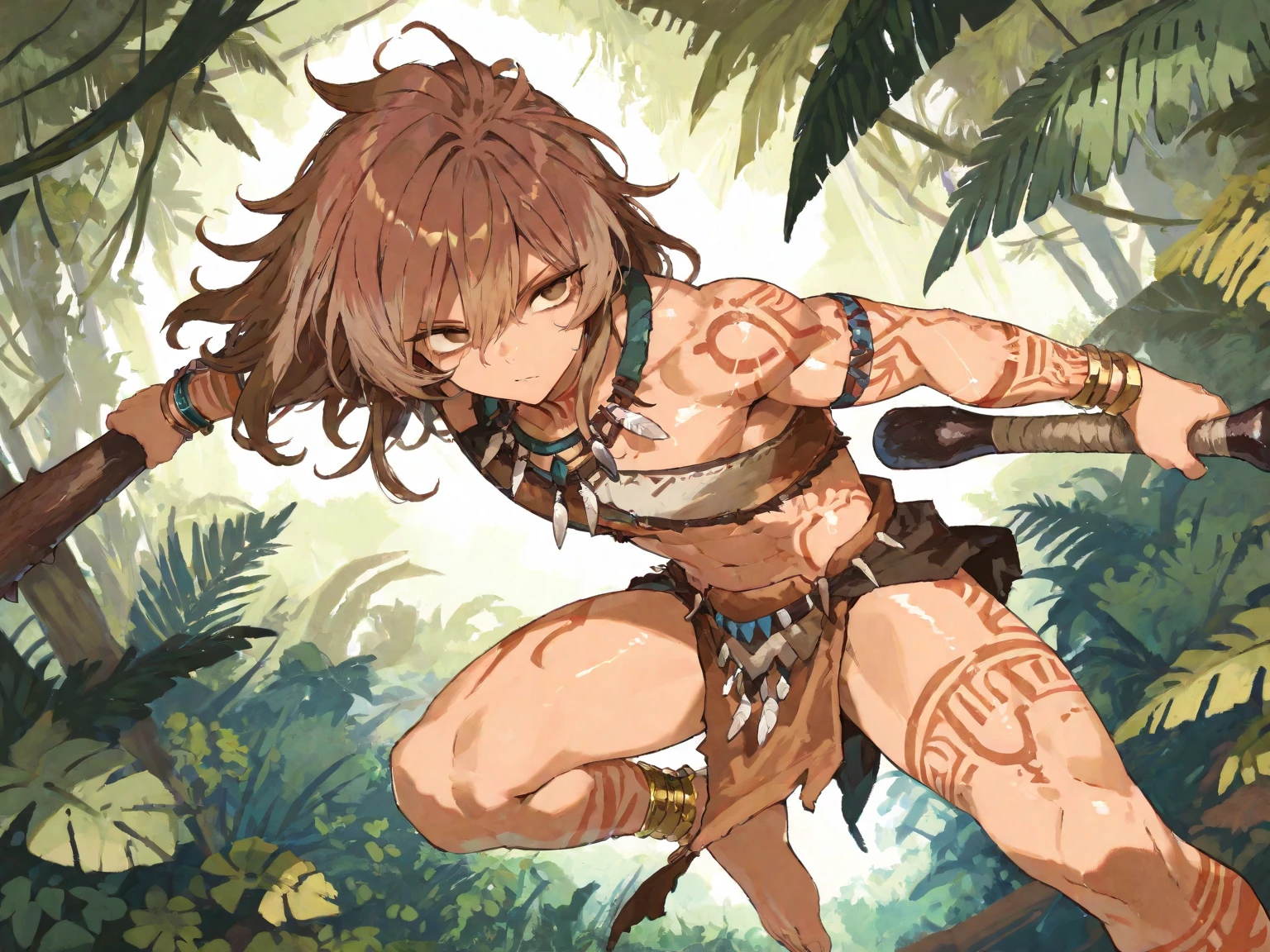 (adult woman), (1girl, solo), walking, ((cavewoman, loincloth, fur clothes)), dirty, small breasts, muscular, abs, (green hair, messy hair), (yellow eyes), ((primordial earth, jungle, volcano)), (yellow sky), ((best quality, high detail)), ((masterpiece)), <lora:1_bekkankou:1>