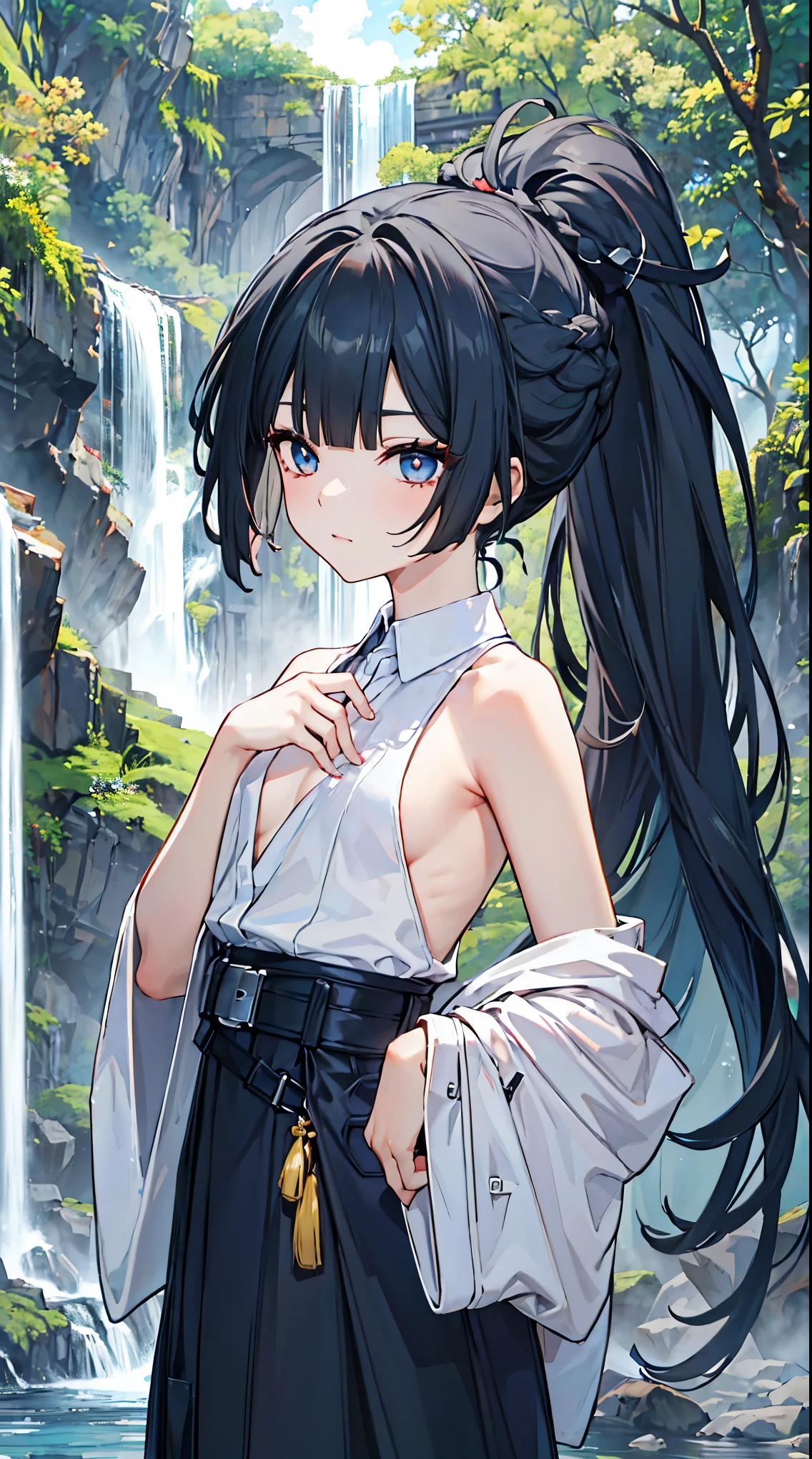 top grade 、、(Whitening skin)、black hair、ponytail,long hair、blue eyes、Petite、slender,Hakama,object,waterfall,、flat chest、red cheeks,relax,Baby Face