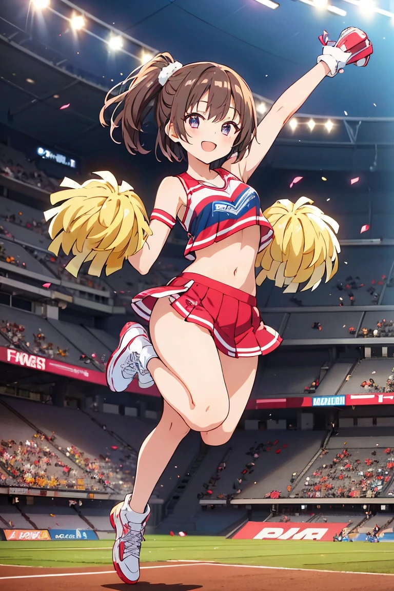 (super flat, flat shading), Honors Type, Really blushing, , (cheerleading Match:1.5), 3girls, wearing white (high-cut thong bikini swimwear:1.5), wedgie:1.5, cameltoe:1.7, sports shoes, ponytail brown hair, sweaty healthy body, soaking wet full body with lotion and sweaty, bare legs, navel, ultra realistic, breeze, in crowded public room, (from below:1.5)