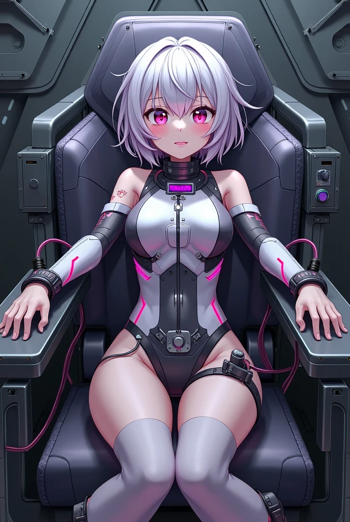 Kanzaki Ranko, silver hair, twin drills, naked, lying on the floor, nipples, legs spread in an M-shape, pussy being pounded from below with a thick rod with protrusions, arms hanging, legs restrained by a machine, armpits, mouth open and drooling, machine rape, blindfolded, rod inserted deep into vagina, drooling, small breasts, rod thrust into pussy