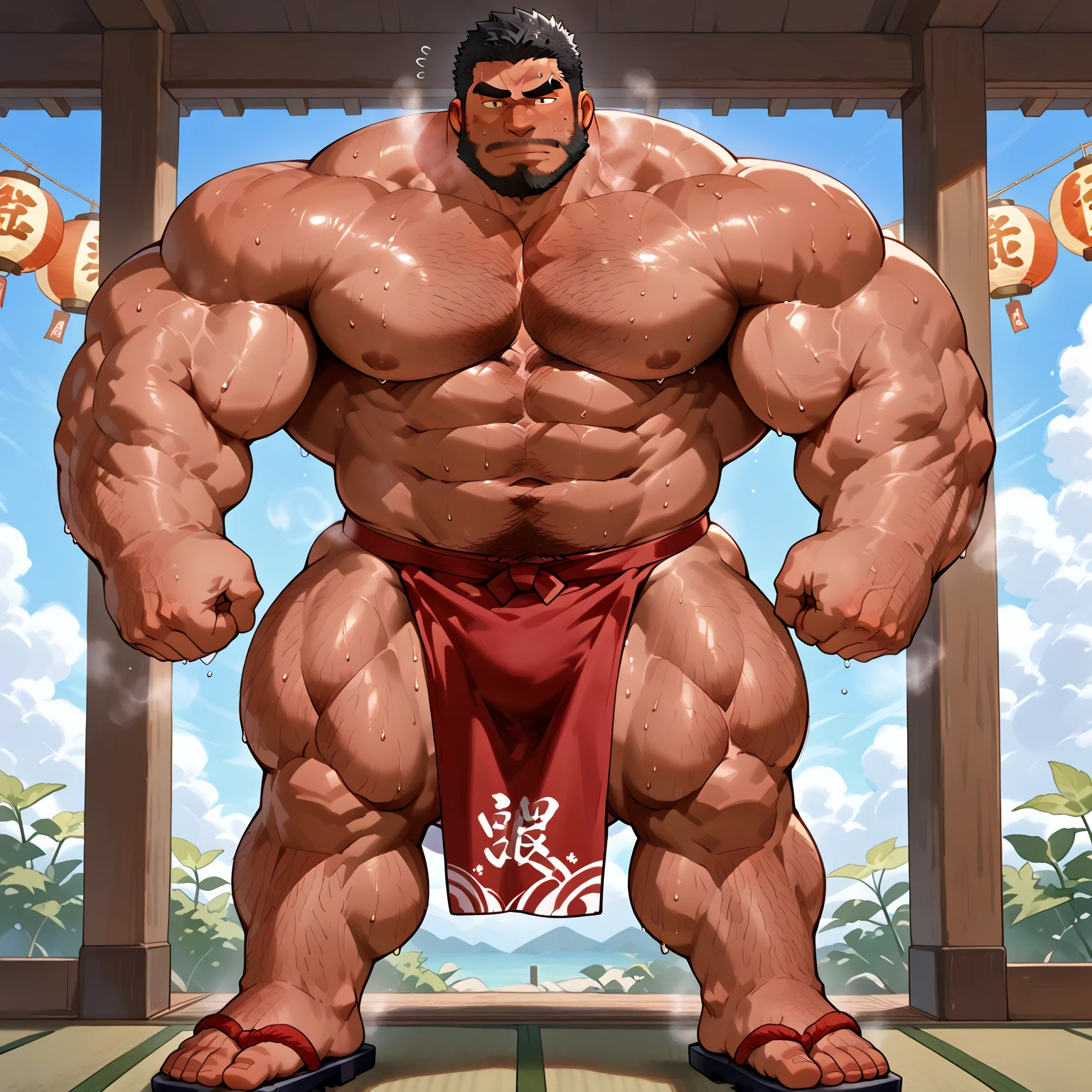 There is only one handsome Asian actor in the picture,30 years old,Tall and handsome, Toned body,short hair, O-Shaped Beard,Perfect body, Dark skin,Glowing skin,Smooth skin,The body is hairless,Muscle bulge, Muscular, Very large pectoral muscles,Very sexy abdominal muscles,Very well-developed leg muscles,Huge concave and convex area,Brightens oily skin,Wearing a gold leather shiny thong,Handsome face, Correct and accurate male body proportions, Stand among the flowers。