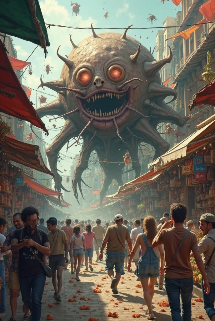 Create an illustration of a traditional market guarded by a monstrous demon with a giant body. 