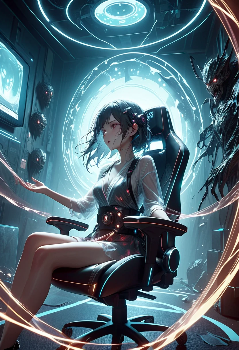 strikingly beautiful woman inside a gaming PC case with rgb lighting inside a mech hangar bay inside a missile silo inside an alien ruin inside an exploding moon