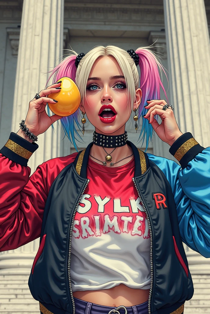 Transparent Glass ball art,Margot Robbie plays a portrait of a clown at a crowded party, Wearing a closed black and red clown costume, Harley Quinn style, Her face was illuminated by neon lights, Looks like Halle Quinn, violet colors, he stands, Model shooting style (Extremely detailed Cg Unity 8K wallpaper), full frame photography of the most beautiful work of art in the world, professional, trending on artstationh, trending on CGSociety, Intricate, Highly detailed, Clear focus, Dramatic, photorealistic painting by Midjourney and Greg Rutkowski