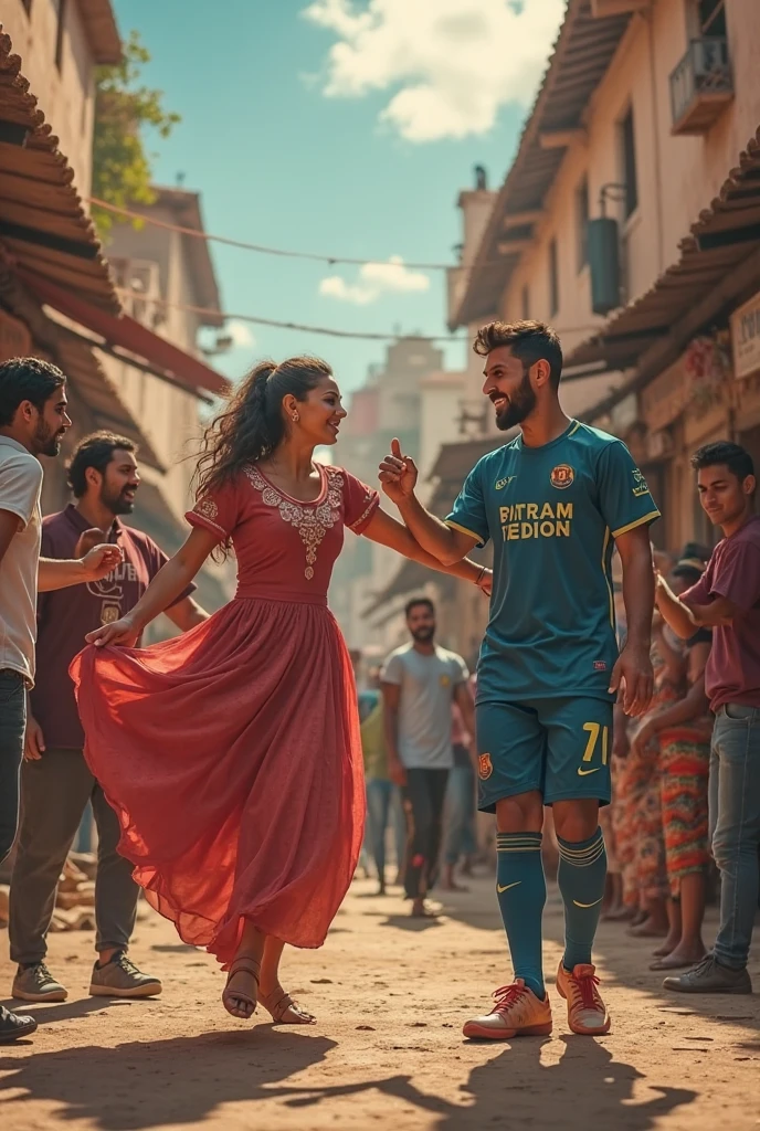 Create an image of a Brazilian man wearing the Brazilian national team jersey dancing with a Saudi woman wearing a niqab
