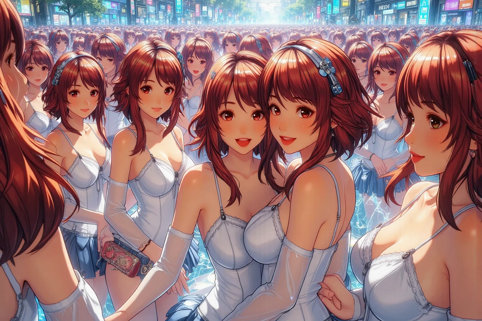 (ultra high quality), high resolution, ((masterpiece)), ((best quality)), ((ultra detailed)), delicate, (ultra realistic), ((extremely detailed)), depth of field, ((cowboy shot: 1.4)), photorealistic lighting, shot from above, (group photo), 2 girls, real skin, impressive realistic details, cute girl, expression of love, small, nude breasts, longing, ((back view)), inclined torso, bent over, hands on knees, ((variety of views)), short stature, very oily and shiny skin, beautiful detailed legs, ((detailed face)), detailed hands, detailed eyes, looking at viewer, high thighs, very long detailed hair, shiny, diaphanous skin, (redhead), (Swedish), a row of arcade games in a row, in a video game room, neon signs, game controller, game console, controller, television