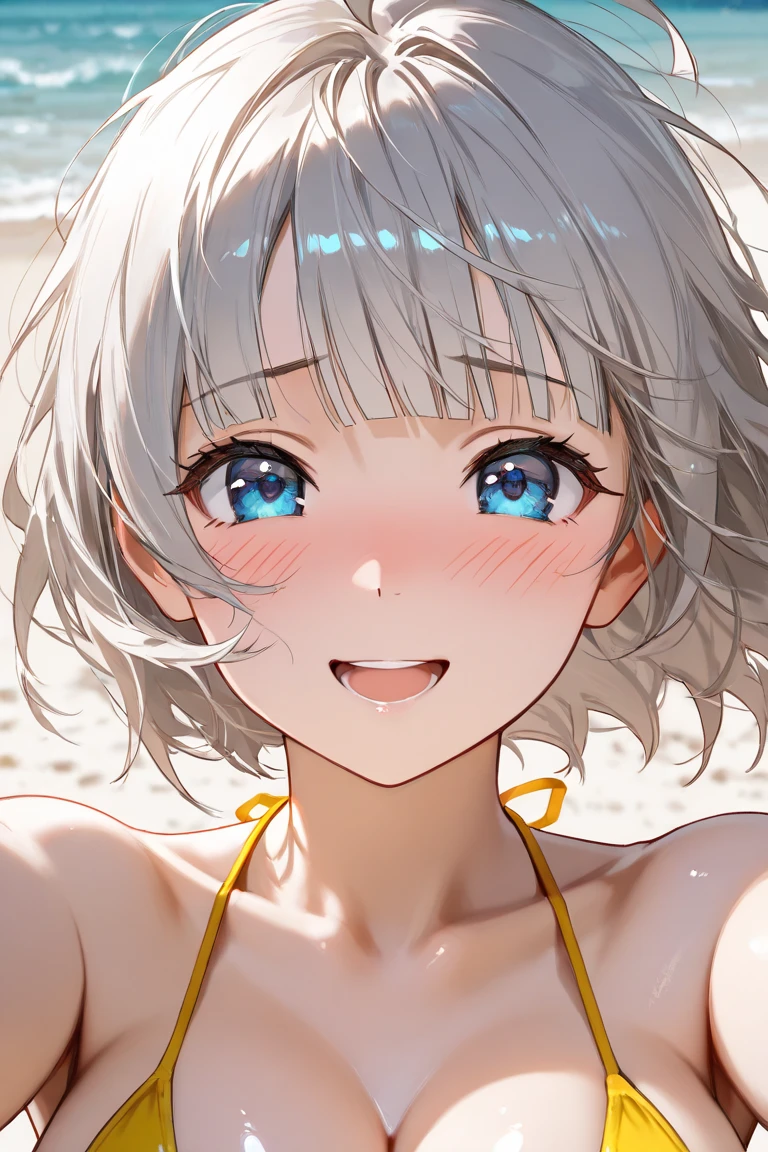 1 girl, 18yo, (flat chest: 1.5), blue eyes, light brown hair, bob cut, summer outfit, smiling, holding popsicle in hand, (licking a popsicle:1.2), having fun, upper body, beach, blue sky, 8k, RAW photo, best quality, masterpiece, extremely detailed 8k wallpaper, ultra-detailed, best shadow, detailed background, beautiful detailed face, beautiful detailed eyes, nice hands, perfect hands