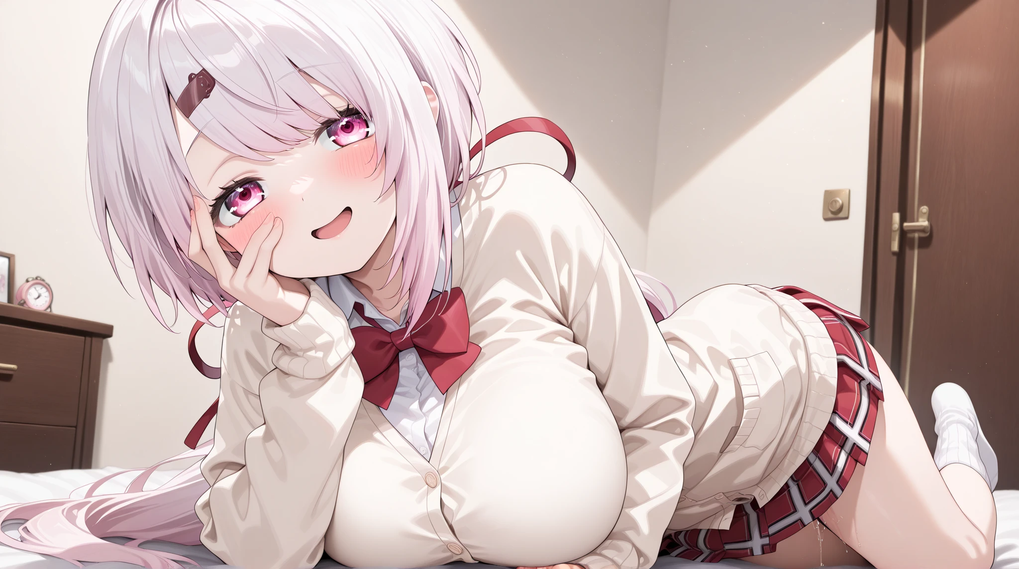 (Very detailed illustrations、Bright colors:1.2),(anime:1.5)(masterpiece, 8k), (最high quality, high quality:1.4), Perfect Anatomy, Very detailed,masterpiece background,, v8K wallpaper,Perfect design,Award-winning art、(、White Beret,white cape, huge breasts,grabbing soft breast,School uniform,button、Climax、Climax、ecstasy、Noumikudryavka,Platinum Blonde Hair、hair ornaments,blush、sweat,steam,orgasm,pantie juice ,spoken heart,Kindergartener、ruffle skirt,bedroom、Put your hands inside your skirt,Dildo stuck in vagina、kneeling,spread legs,Get angry:1.5)