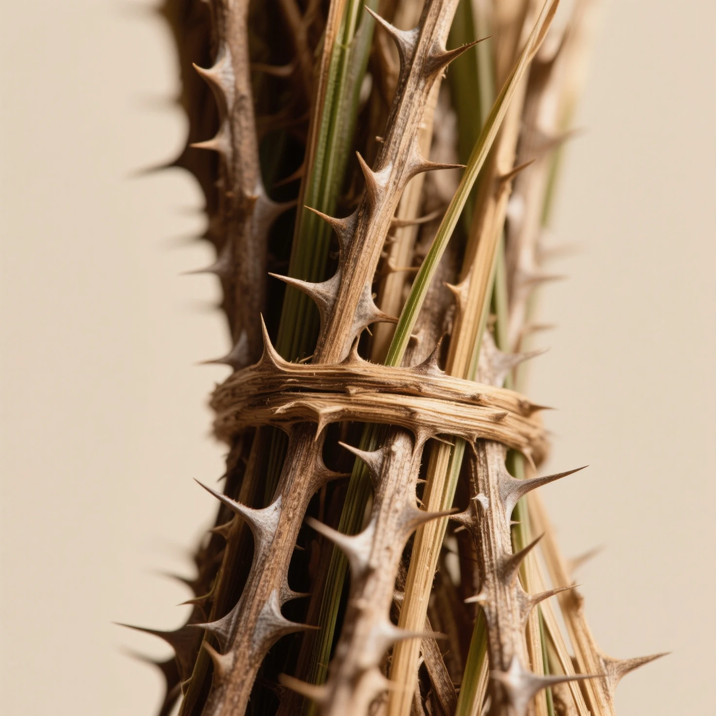 a bunch of sticks in different directions with a thicker stick in the center and surrounded by a rope