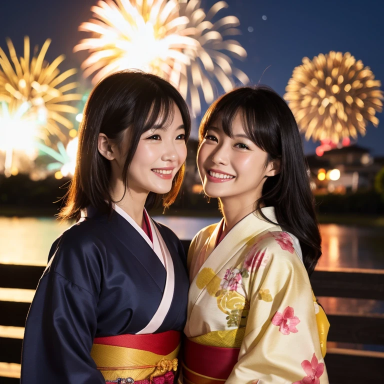 (Masterpiece,Highest quality,Highest quality,8k wallpaper,Ultra-high resolution,Extremely detailed),Japanese,Group of 2,Japanese Beauty,Female college student,Large Breasts,Narrow waist,Not too big butt,Long, Slender legs,Yamato Nadeshiko,pure,Sense of clarity,yukata,night,Summer festival,riverbank,Opening a store,firework,Colorful fireworks,((Group of 2 female college students smile under the bright lights of the fireworks at the night fireworks event.))