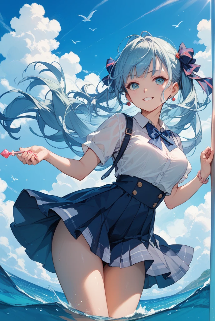 (1 Girl),(high quality), (High resolution), (Very detailed), (8K),(Demolition paperback correct)、Urusei Yatsura、Ram-chan、((White and navy blue sailor suit))、Navy blue pleated skirt、Cute Panties、((Focus on the whole body))、Nipple Shape、((Black knee-high stockings))、Hair messed up by the strong wind、Neutral White Lighting,Sexy pose、