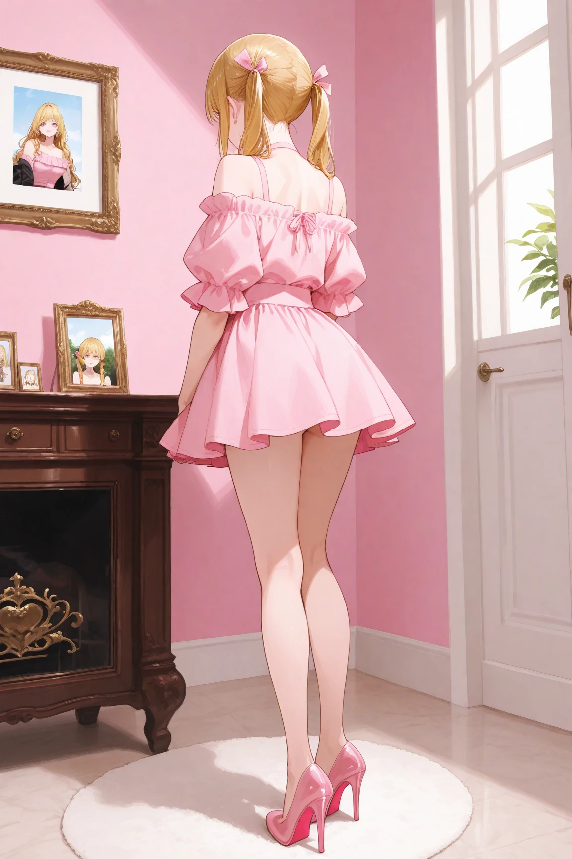 Mujer de pie, pin-up, tsunade-sama, teen, babydoll, through banydoll, pink lace strapless bra detalle floreado, pink lace garter belt, pink lace boyshorts detalle floreada , pechos medianos, pink lace stockings, piernas perfectas, pies perfectos, lace stockings, red high heels, bedroom, amanecer. Obra maestra, super alta resolución, cuerpo perfecto, full body, back.
