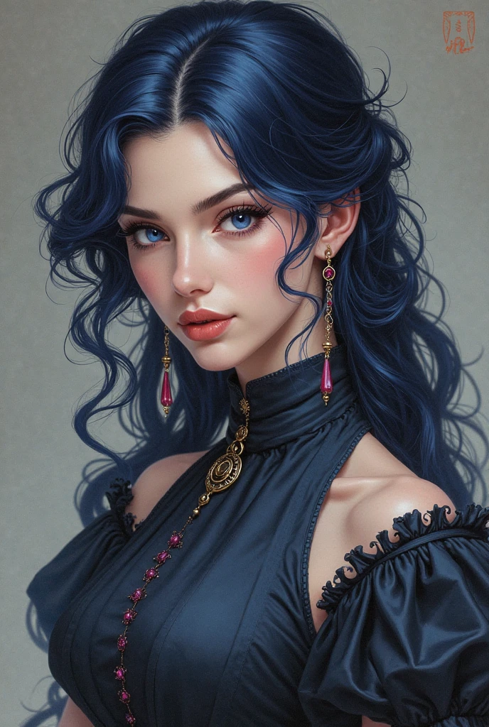 Noir painting of a sexy enchanting sorceress in black dress posing for a picture, flowing purple hair, lush purple lips, mesmerizing blue eyes, almond shaped eyes, highly detailed eyes, curvy, looking at viewer, coy smile, purple haired sorceress, young, beautiful, powerful, magical woman, dark fantasy, sexy girl, super villain, real, high detail, best quality