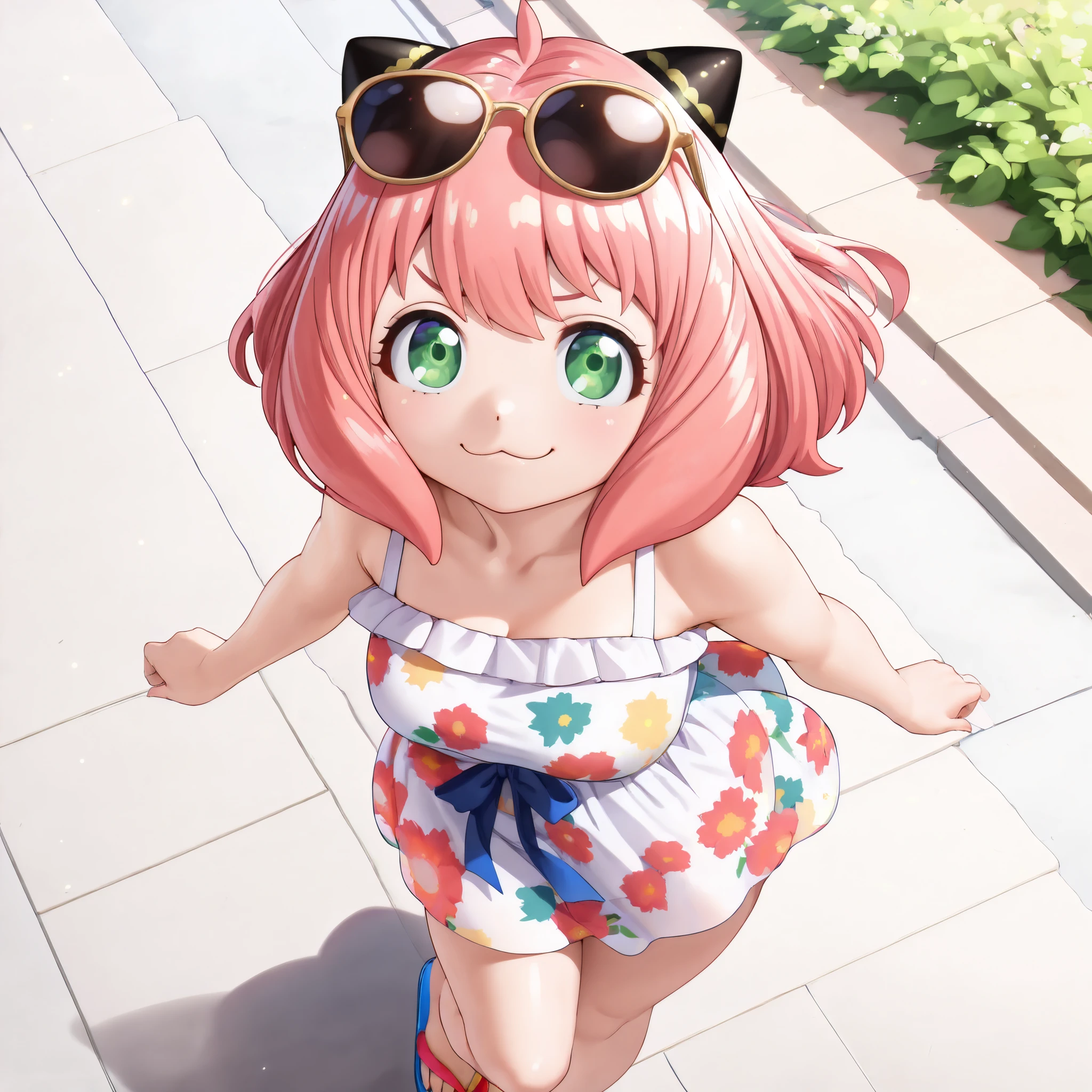 Solo, (Anya Forger), (bright eyes behind cool sunglasses), (nice body, curvy, fit), medium breasts, pretty face,
floral dress, thighs, legs, flip-flops,
standing, (high angle : 1.4), close-up, face focus, smug, :3, playful,
outdoors, outside the suburbs, the front lawn,
TO BREAK
Breathtaking visuals, brilliant and intricate details, dreamlike aesthetics, raytracing, 8k, ultra-high definition, (subtle depth of field : 0.25), (subtle bloom : 0.5), soft lights, rich and vivid colors, light particles, (Sunshine : 1.3), vibrant textures, a dramatic style, captivating visuals, captivating