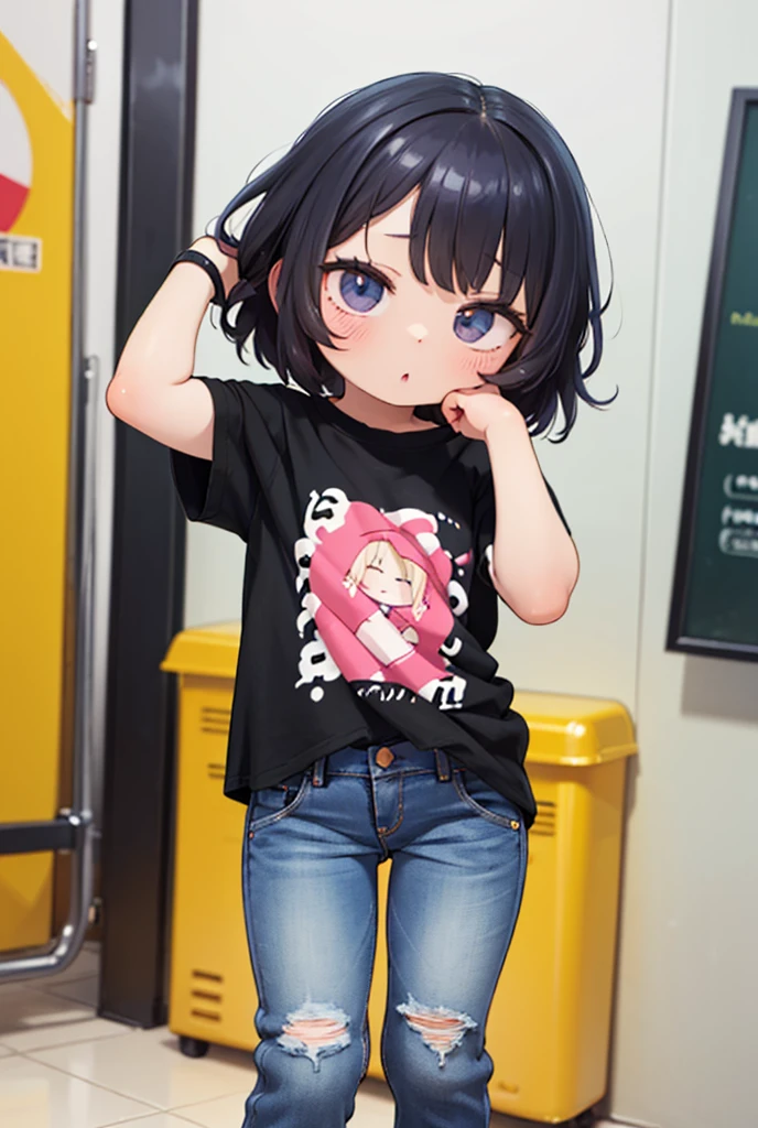 Little girl standing, chibi girl, extended arms, character design, plain background, black high-tops, shorts, medium hair, plain grey background, high-tops, colourful shirt, colourful top, t-shirt, cute hairstyle.