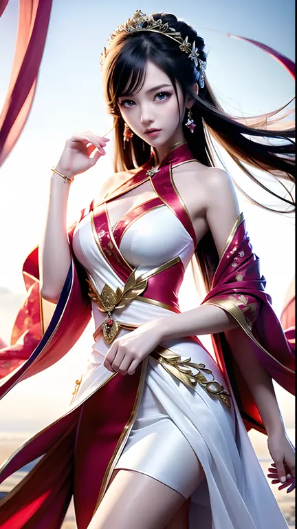 1 beautiful 27-year-old saint, charming adult saint in a long dress made of thin silk, flawless beautiful face, wearing a thin multicolored silk dress, (((Natural smile:1.0))), ((flat bangs:0.5)), (((platinum long hair:0.8))), big crown, hair brooch, hanfu dress, fanciful hanfu style, full body jewelry, forehead tattoo, super even chest, woman face, beautiful and pretty face, ((even porcelain teeth: 0.8)), The most beautiful and detailed light red lipstick, ((Thin plump lips:0.3)), ((Golden Eyes color:1.0), Detailed and delicate lighting effects, light and dark, dramatic lighting, magical light, extremely detailed light, true color, super sharp, realistic, 8k quality, fantasy universe background, saints and magical space, the most detailed images, ((Solo:0.3)), ((a saintess:0.6)), ((looking directly at the saint's upper body:0.4)), upper body, ((smooth skin:0.5)), ((the holy woman's veil:1.2)), ((solo:1.3)), ((alone girl:1.3)), female saint portrait, short images, Upper body portrait, (((open mouth:0.6))), Digital Realistic, ((fanciful red smoke effect:1.2)),