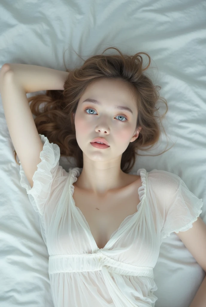 masterpiece, Highest quality, Super detailed, 8K, Detailed light, Detailed Shadows, born, (Detailed skin), (Genuine), 1. Scandinavian Girl, face, (9 years old), Gray Hair, ((Sleep in a plush bed)), Night Dress