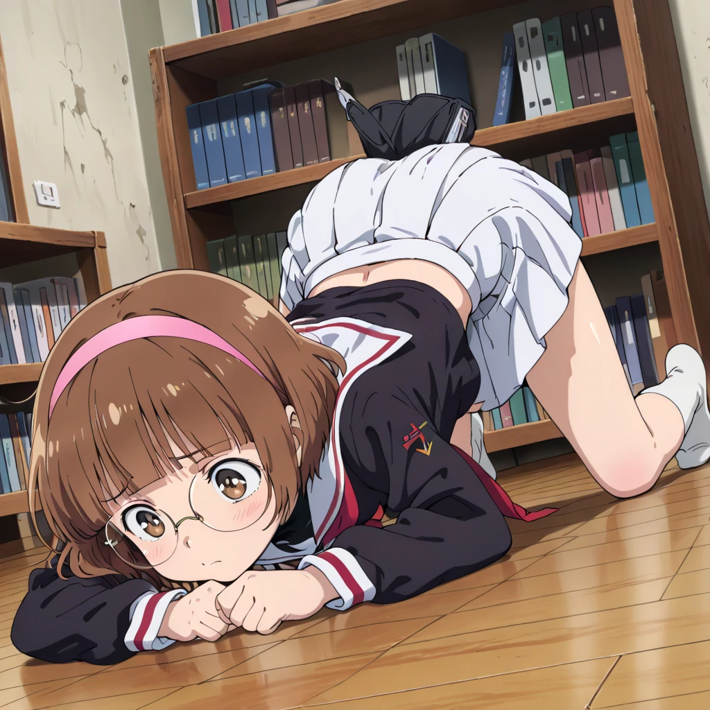 highest quality, Ultra-high resolution, (Realistic: )2D official style cel animation,((Sitting Girl))high school girl、brown、Gal、Navy blue mini skirt,Summer Shirts,Unbutton、(Lace panties),loose socks,sneakers,Full body portrait,(From below),Station stairs,sunny,Spread your legs、from the front、blush、Glasses、shut up、