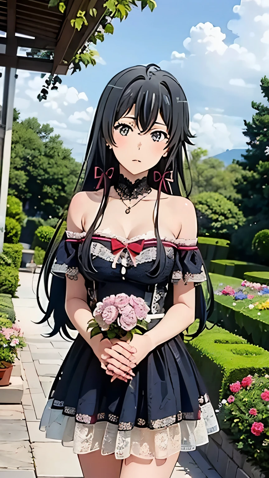 (masterpiece, best quality, highres, 8k:1.2), (anime), yukino, long hair, ahoge, Small medium breast, hair ribbon, Perfect face, Perfect eyes, (1girl), nffsw, (blue dress, off shoulder dress, lace-trimmed dress, bare shoulders, frills), earrings, pendants, (garden), (cowboy shot:1.2), looking at the viewer, dutch angle,