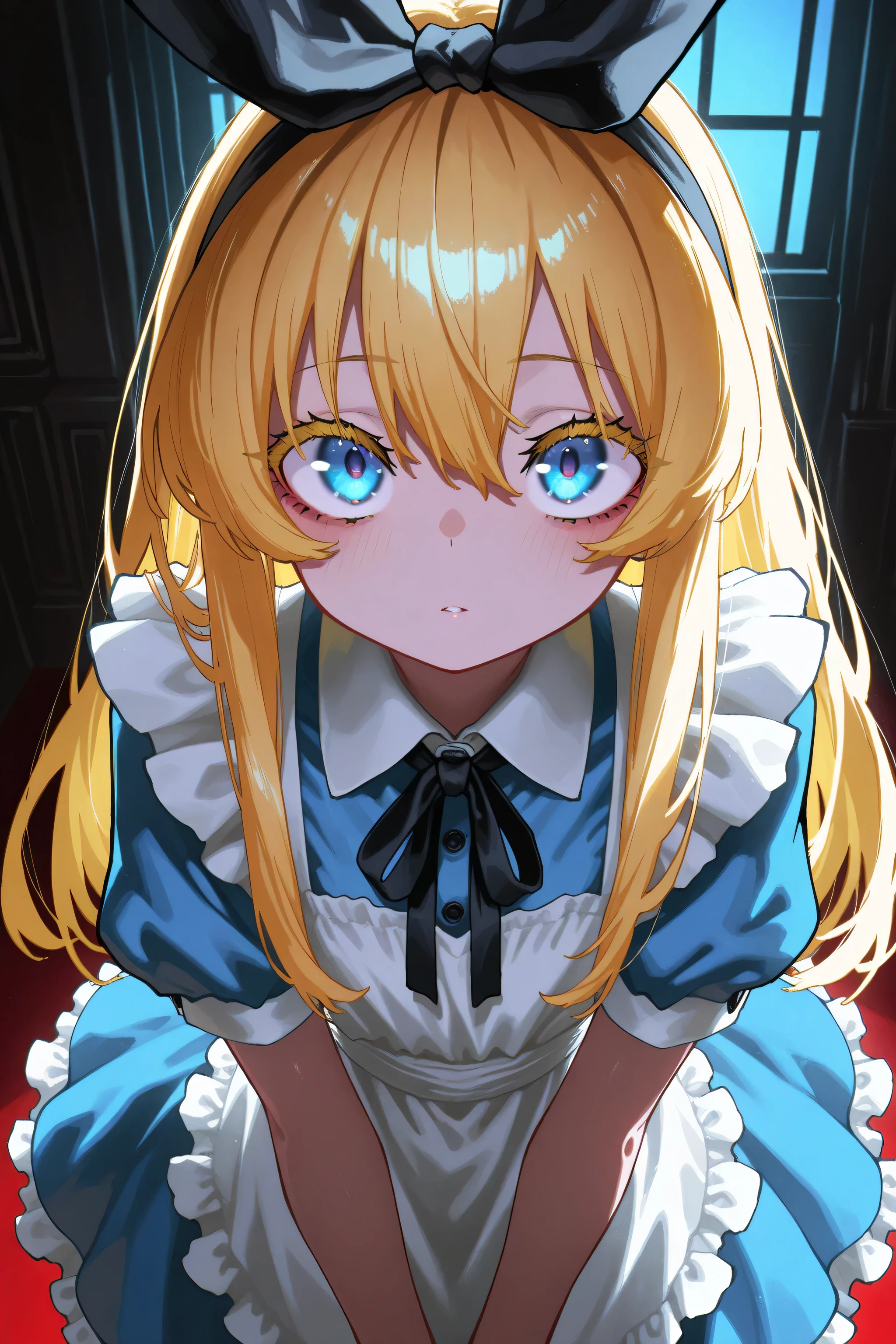 kmj-anonstyle, [artist:yoneyama mai], (atahuta:0.5), [artist: ekrea_jan], aruhshura, masterpiece,best quality,amazing quality, 748cmstyle, solo, eye focus, anime screencap, dramatic lighting, alice in wonderland, blonde hair, blue eyes, beautiful eyes, fantasy, frilled dress, ribbon, mysterious atmosphere, looking at viewer