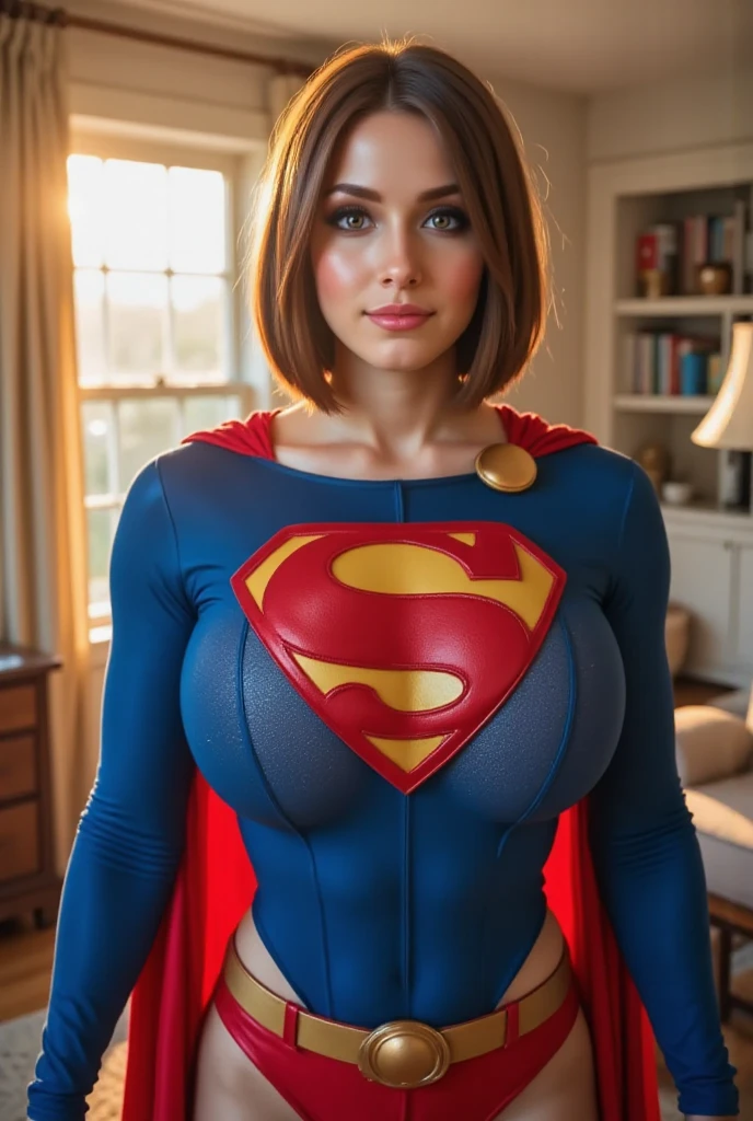superhero, superhero costume, 1 girl, serious look, smug, leotard, twenty year old girl, hour glass figure, massive breasts, cleavage, (red highlights:1.1), (smokey eye makeup:1), blue eyes, (chubby cheeks:1.1), hair pulled back, wavy hair