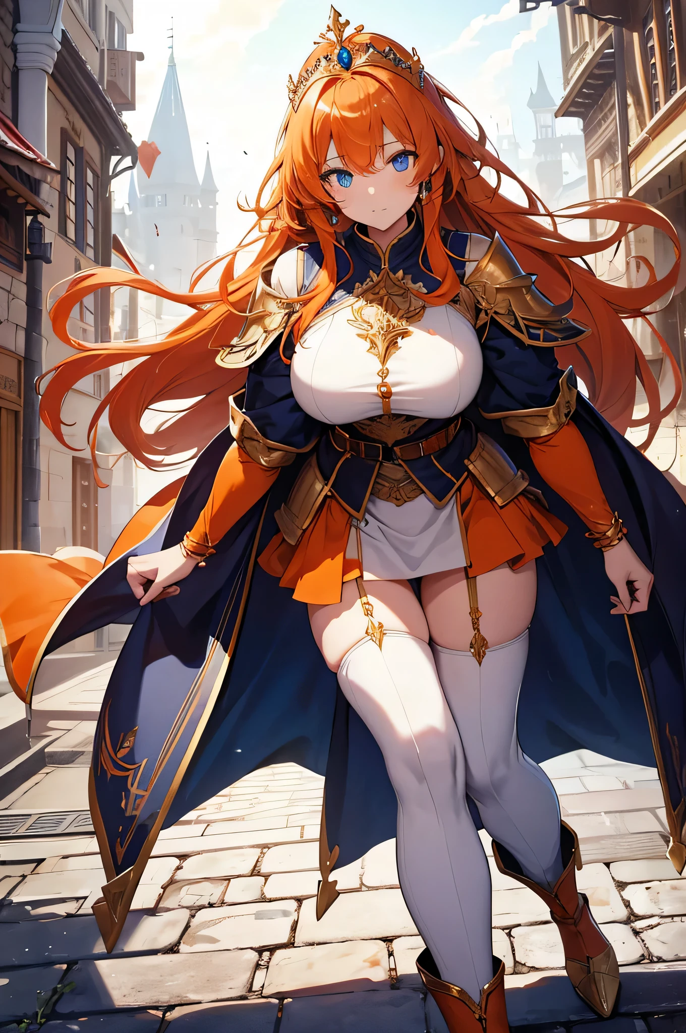 anime illustrated、Fantasia、A lewd female knight with orange hair、The long-haired、Dirty cloak、Stroll through the castle ruins covered in vegetation、White costume、Ethnic patterns、Red and blue two-tone innerwear、Leotard、1 persons、Colossal tits、Plump body、seminude、Close-up of people、Luxurious embroidery