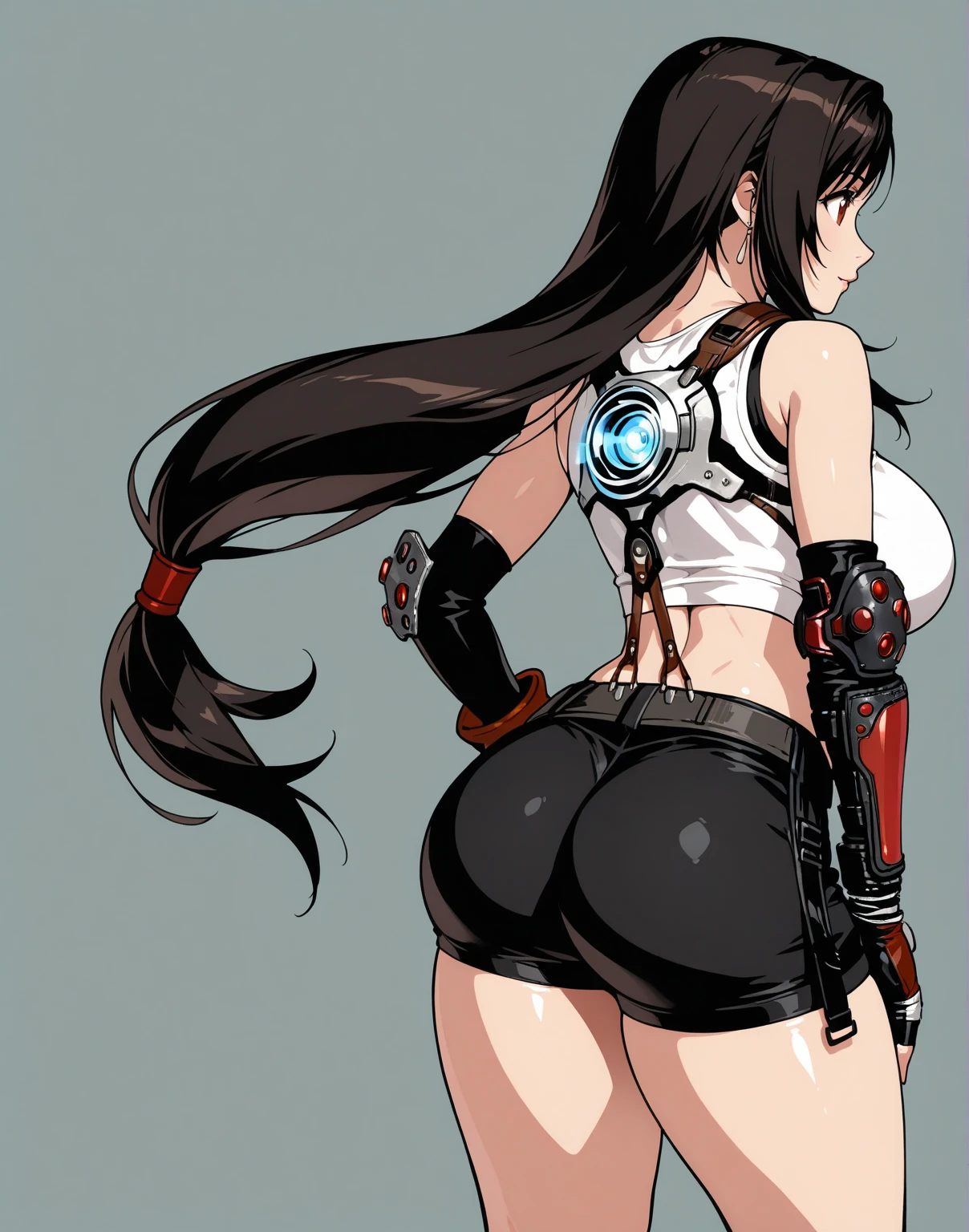 masterpiece, best quality, ultra-detailed, illustration, detailed face, highres, 8k, detailed hair, detailed skin, detailed face,
1girl, solo, female, <lora:tifaLockhartLora_tifaLockhartV1:0.5>, long hair, black hair, red eyes, blush, gasp, orgasm, open mouth, crying with eyes open,
gloom (expression) depressed,naughty face,>:),
sports bra, suspender skirt, suspenders, tank top, white tank top, elbow gloves, elbow pads, fingerless gloves,
<lora:povBreastGrab_v2:0.7>, povbreastgrab, pov hands, breast grab, (ass grab:1.6), 1boy, (from behind:1.6),
